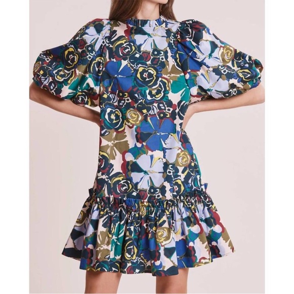Tyler Boe Sammy Blue Floral Cotton Skimmer Puff Sleeve Mini Dress Size Medium